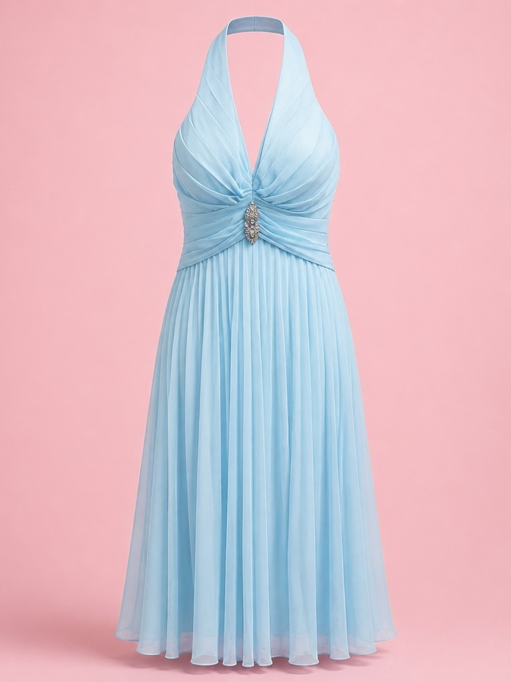Vintage Y2K Pastel Sky Blue Chiffon Halter Cocktail Dress Ruched Rhinestone 12